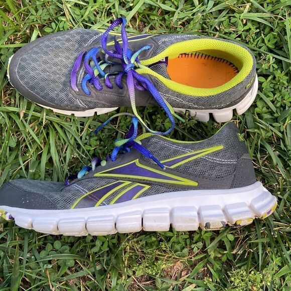 Reebok Women's Sneakers - Gray with Purple and Yellow Accents - Picture 7 of 8